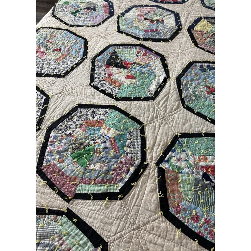 Vintage Handmade Spider Web String Quilt Hand Tied Scrap Patchwork Rare